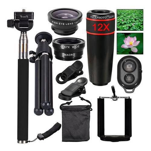 Top Travel Kit 10 in1 Accessories Phone Camera Lens Kit 12x Zoom Telescope for iPhone 7 8P for Samsung Galaxy NOTE LG Smartphone