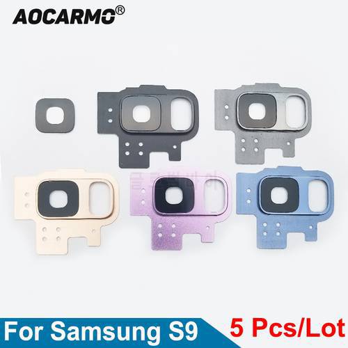 Aocarmo 5Pcs/Lot For Samsung Galaxy S9 G9600 Rear Back Camera Lens Glass Cover + Metal Ring Frame + Adhesive Sticker Replacement