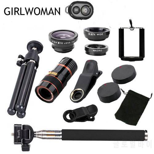 Girlwoman 10 in 1 Kits 12x Zoom Telephoto Lens Fish eye Lens Wide Angle Macro Lenses Cell Phone Mobile Tripod for xiaomi redmi