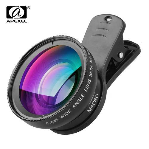 APEXEL Professional HD Camera Lens Kit 0.45X Wide Angle 12.5X Macro Lens Mobile Phone Lens for iPhone 6s plus 7 8 Samsung Huawei