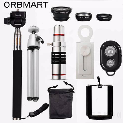 ORBMART 18X Telescope + 3 in 1 Fish Eye Lens + Extendable Handheld Selfie Stick + Bluetooth Shutter Lense Kit For iPhone Samsung