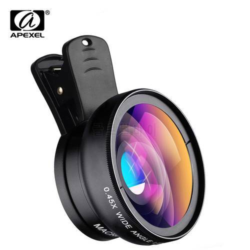 APEXEL 5pcs/lot 2 in 1 Camera Lens Kit 0.45X Super Wide Angle 12.5X Macro Lens Cellhone Lens for iPhone Samsung Xiaomi phones