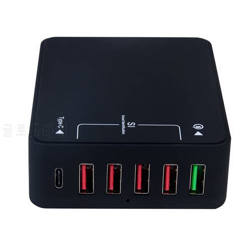 USB Charger Station 6 Ports 5V/9V/12V Quick Charge QC 3.0+Type C USB Hub Power Adapter w/USB-C cable for iPhone Samsung Huawei