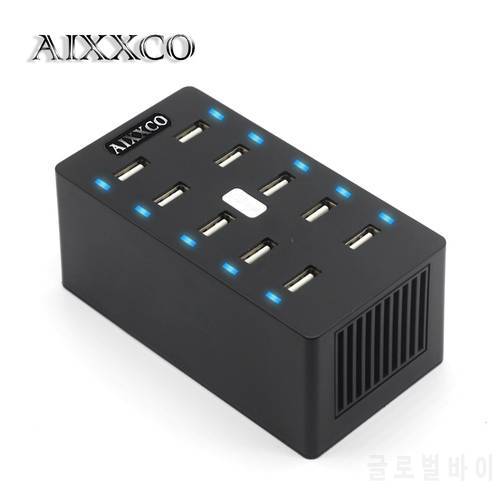 AIXXCO USB Charger 50W 10 Ports USB 10A Smart Adaptive Desktop Charging Station with Holder 5V 2.4A for Samsung Xiaomi iPad