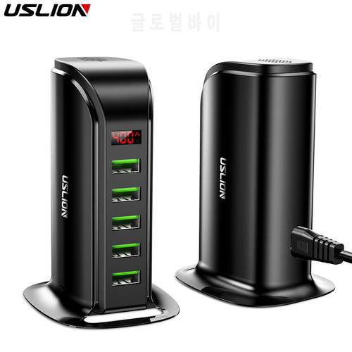 USLION 5 Port USB Charger HUB LED Display Multi USB Charging Station Dock Universal Mobile Phone Desktop Wall Home EU UK Plug