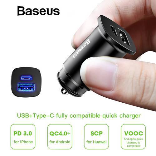 Baseus 30W Car Charger USB Type C PD Quick Charge 4.0 3.0 SCP Fast Car Phone Charger For Huawei xiaomi Samsung AFC