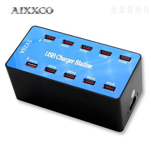 AIXXCO USB Charger 100W 10 Ports USB 20A Smart Desktop Charging Station for 5V 2.4A for Samsung Xiaomi iPad iphone x