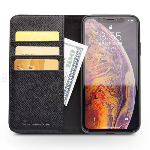 New 2 in 1 For iPhone X XR XS Max Real Natural Cowhide Genuine Leather Phone Case Cow Skin Flip Cover Qialino Brand Wallet Pouch
