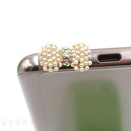 Elegance Fashion Style Small Pearl With Diamond Bow Design Mobile Phone Ear Cap Dust Plug For Iphone Samsung 3.5mmDustPlug