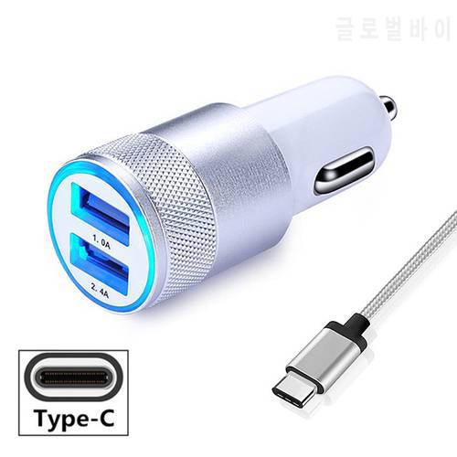 LED usb C 2A car charger + Type C Cable For Huawei honor 10 9 p10 p20 mate 10 lite/pro vivo X21 moto Z Z2 Play lg v30 zenfone 3
