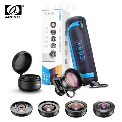 APEXEL HD 5 in 1 Camera Phone Lens 4K Wide Macro Lens Portrait Super Fisheye Lens CPL Filter for iPhone Samsung all cellphone