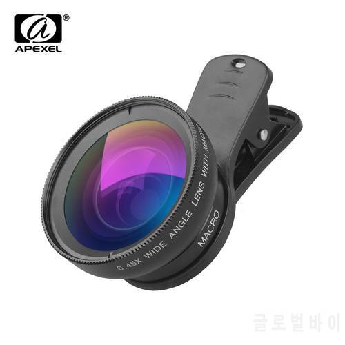APEXEL APL-0.45WM Phone Lens Kit 0.45X Super Wide Angle & 12.5X Super Macro Lens HD Camera Lenses for iPhone Samsung Huawei