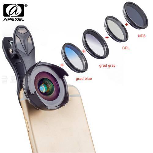 APEXEL 6in1 Phone Camera Lenses Filter Kit HD Professional Wide Angle/Macro Lens with Grad Filter CPL ND Filter for Android IOS