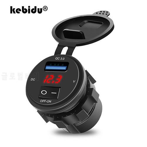 USB 18W Phone QC 3.0 Fast Charging Motor Power Adapter with Switch LED Voltmeter Voltage Display Vehicle DC12V-24V Waterproof