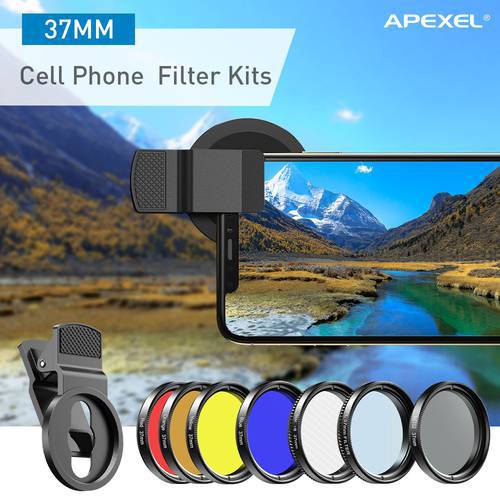APEXEL 7in1 Gradient Filter Kit Red Yellow Color ND32 CPL Star Camera Lens Filter With 37mm clip for smartphones 37UV-G