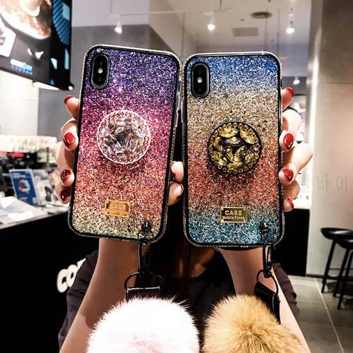 Luxury Cute glitter rainbow 3D diamond holder stand phone case for iphone X XR XS MAX 6S 7 8 plus Hairball lanyard cover coque