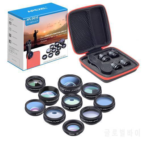 APEXEL Phone Camera Lens 10 in 1 Kit Wide Fisheye Telephoto Macro Lens With Remote Shutter for iPhone Samsung Most Smartphones