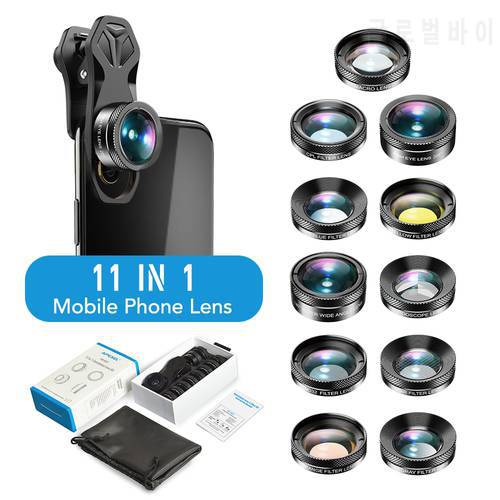 APEXEL 11in1 Phone Camera Lens Kit Fisheye Wide Angle Full/grad Filter CPL ND Macro Mobile Lenses For iPhone Samsung Redmi phone