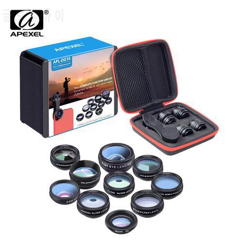 APEXEL 10in1 mobile Phone Lens Kit Fish eye Wide Angle Telescope Macro Lens for iphone huawei samsung galaxy android celphones