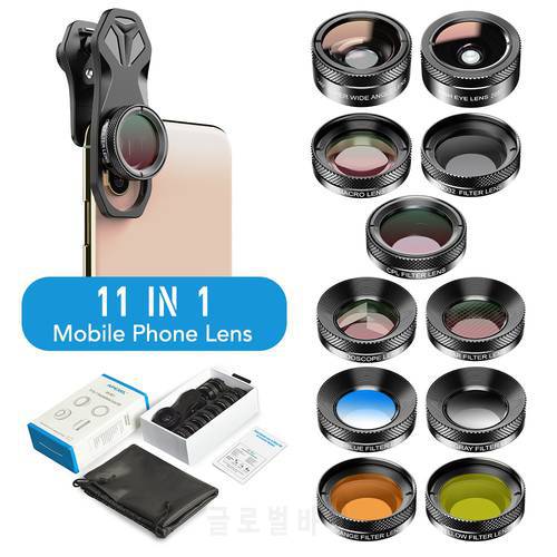 APEXEL 11 in 1 camera Phone Lens Kit Wide Angle Macro Full Color/Grad Filter CPL ND Star Filter for All Mobile Phone Accessories