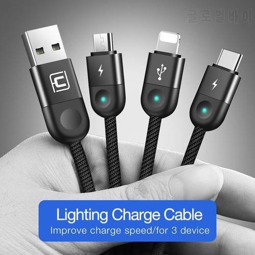 Cafele LED Light 3 in 1 USB Charging Cable Micro USB C Cable for Huawei iPhone XR Xiaomi Samsung 130 CM Data Sync USB Wire