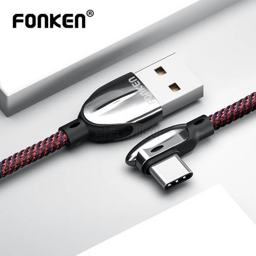 FONKEN 90 Degree USB Type C Cable Fast Charger 3A Type-C L Bend Cord Charge for Android Mobile Phone Data Cord Nylon Game Cable