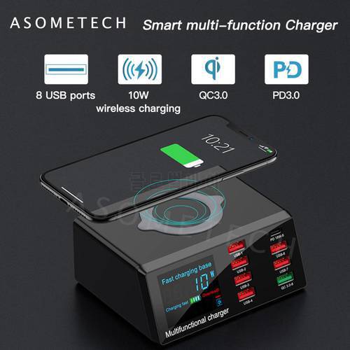 100W Multi USB Charger Hub PD Quick Charge 3.0 Qi Wireless Charger 8 USB Ports Fast Charging Station for iPhone Samsung Huawei