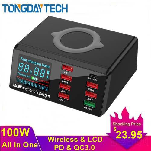 Tongdaytech 100W Multi 8 Port USB Fast Charger For Iphone 11 Pro XS XR 8 Quick Charge 3.0 Qi Wireless Charger For Samsung S10 S9