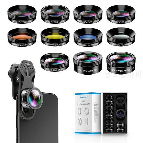 APEXEL 11 in 1 Camera Phone Lens Kit Wide Angle Macro Phone Lens Filter CPL ND Star Filter for iPhone 13 Samsung all Smartphone