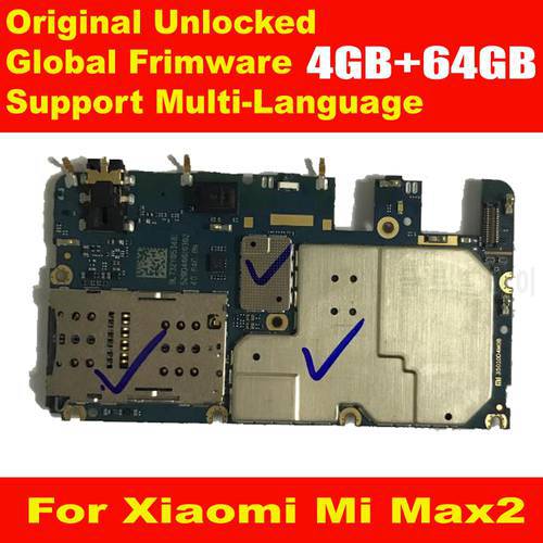 Global Firmware Original mainboard For Xiaomi Mi MAX2 MAX 2 4GB 64GB motherboard Main board card fee chipsets flex cable