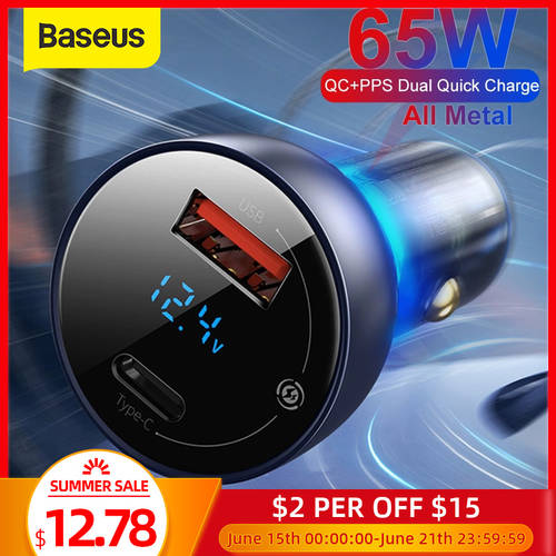 Baseus 65W PPS Car Charger USB Type C Dual Port PD QC Fast Charging For Laptop Translucent Car Phone Charger For iPhone Samsung