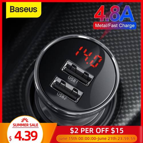 Baseus Car Charger 4.8A 24W Dual USB Fast Charger for Auto All Metal LED Car Charging Adapter For iPhone 11 X Samsung Xiaomi