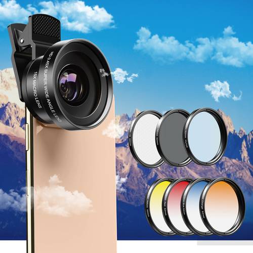 APEXEL 7 in 1 lens kit 0.45x wide+52mm UV Grad Blue Red Color Filters+CPL ND+Star Filters for Nikon Canon EOS iPhone all phones