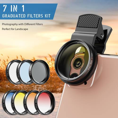 APEXEL Universal 7in1 Phone Lens Kit 37mm Graduate Red Blue Yellow Filters With CPL ND/Star Filters For iPhone Most Smartphones