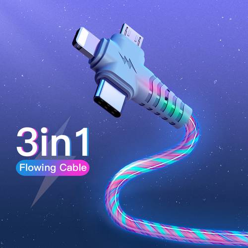 3in1 Flow Luminous Lighting USB Cable for iPhone 14 13 12 Pro 3 in 1 2in1 LED Micro USB Type C 8-Pin Charger for Huawei Xiaomi