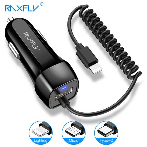 RAXFLY 10W USB Car Charger Micor Cable Car Cigarette Lighter Charger With Spring Lightning Cable USB Car Charger Type C Cable