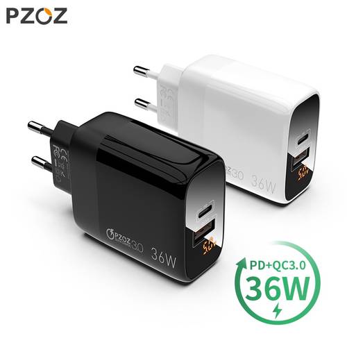PZOZ PD 18W Quick Charge 3.0 USB Charger 36W Fast Charging LED Display EU Wall Adapter For iphone11 8 7 6s xiaomi redmi note 9s