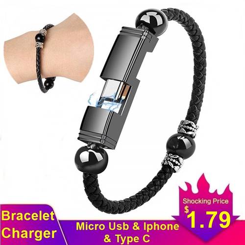 Leather Portable USB Type C Bracelet Phone Charger Micro Charging Data Transfer Carregador For Iphone 11 12 13 Samsung Xiaomi
