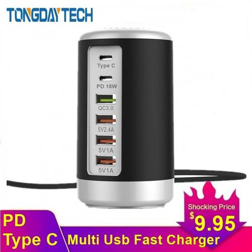 Tongdaytech 65W Multi 6 Port USB Fast Charger HUB Quick Charge QC 3.0 Type C Carregador Portatil PD Charger USB Charging Station