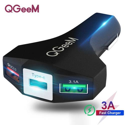 QGEEM USB C Car Charger Quick Charge 3.0 Auto Type C Fast Car Charger Adapter Hammer 3USB Portable Car Charger for iPhone Xiaomi