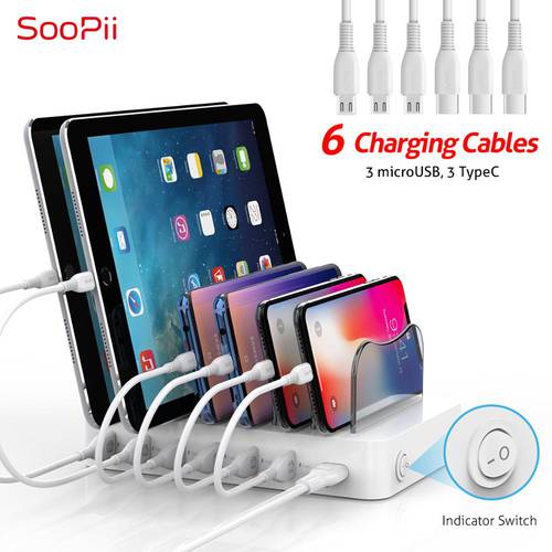 SooPii Premium 50W/10A 6-Port USB Charging Station 6 Mixed Cable Included for Phones Tablets and Other Electronic