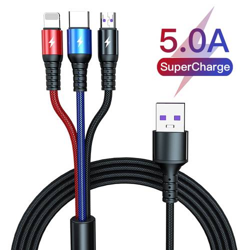 SuperCharge 3 in 1 USB Cable for Huawei for iPhone 14 13 12 11 Pro 3in1 2in1 Fast Charge 8Pin Micro USB Type C Cable for Samsung