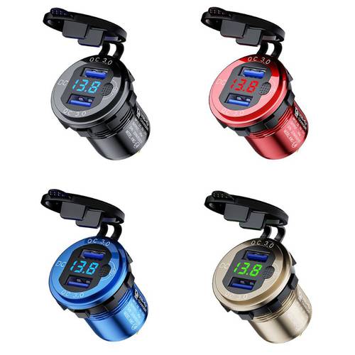 12V 24V 18W Aluminum Waterproof Dual QC3.0 USB Fast Charger Power Outlet with LED Voltmeter Switch for Car Marine Truck
