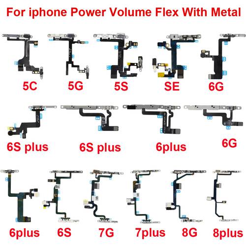 1pcs New High Quality Power Flex with Metal Holder For iPhone 5 5S 6 6s 7 8 Plus Mute Switch Power Volume Button Flex Cable