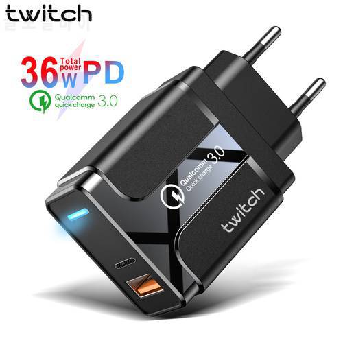 Twitch Quick Charge 3.0 PD Type C USB Charger For Samsung iPhone Huawei Tablet QC 3.0 Fast Charger Mobile Phone Wall Adapter LED