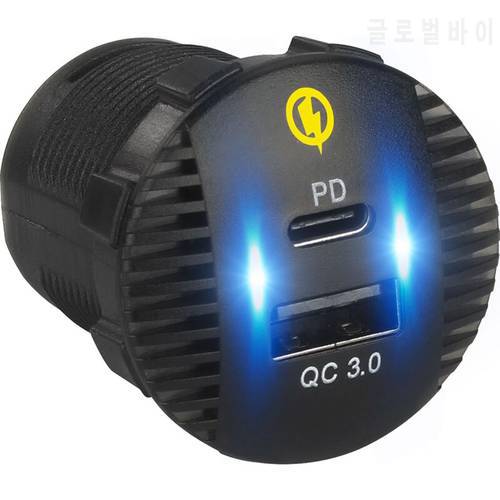 Waterproof 12V 24V QC3.0 USB 18W Type C PD Fast Car Charger Adapter for SUV Car Boat Truck Marine Tablet Cellphone GPS