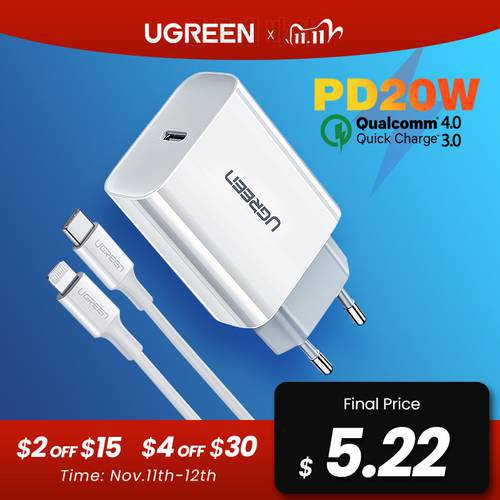 UGREEN PD Charger 20W Fast Charger for iPhone 13 12 X USB Type C Charger for Xiaomi Quick Charge 4.0 3.0 Charging Phone Charger