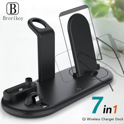 7 in 1 Multi-function Wireless Charging Stand with Night Light for iPhone iWatch 5 4 Airpods Pro Samsung Android Type-C Charger