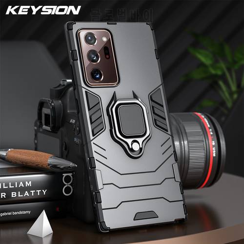 KEYSION Shockproof Armor Case for Samsung Note 20 20 Ultra Ring Stand Bumper Silicone Phone Back Cover for Galaxy Note 20 + Plus