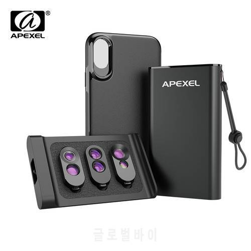 APEXEL High Quality 3IN1 Fisheye Lens Kit Wide Angle Telephoto Lens Dual Macro Lens With PU Leather Case For iPhone X,XS,XS Max